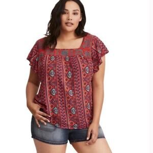 TORRID AZTEC GEO EMBROIDERED GAUZE RED/BLUE BLOUSE